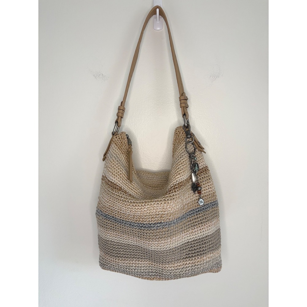 The Sak Sequoia Crochet Hobo Neutral Striped Tan Shoulder Bag Boho Festival Knit